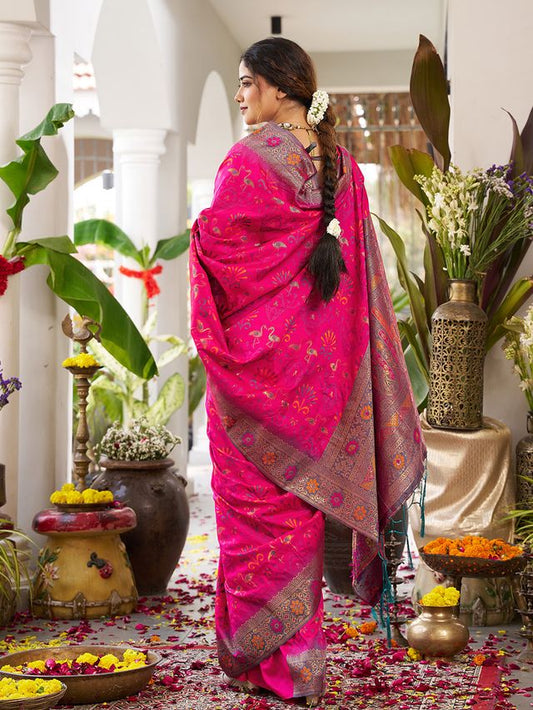 Pink Color Beautiful Girlie Woven Designer Partywear Saree