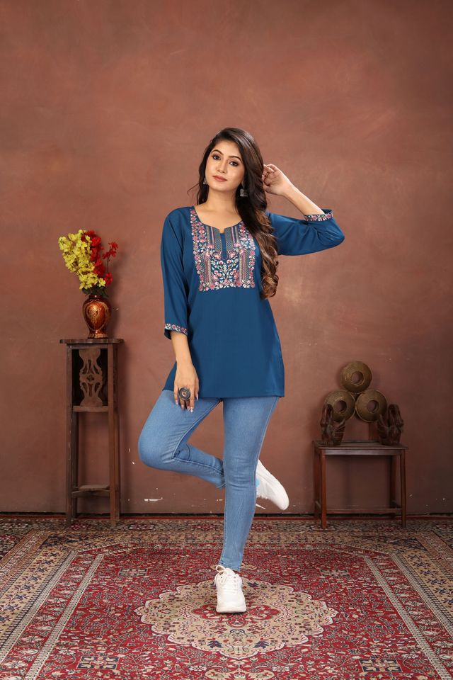 Blue Color Rinkal Cotton Fabric Formal Looking Casual Short Kurta