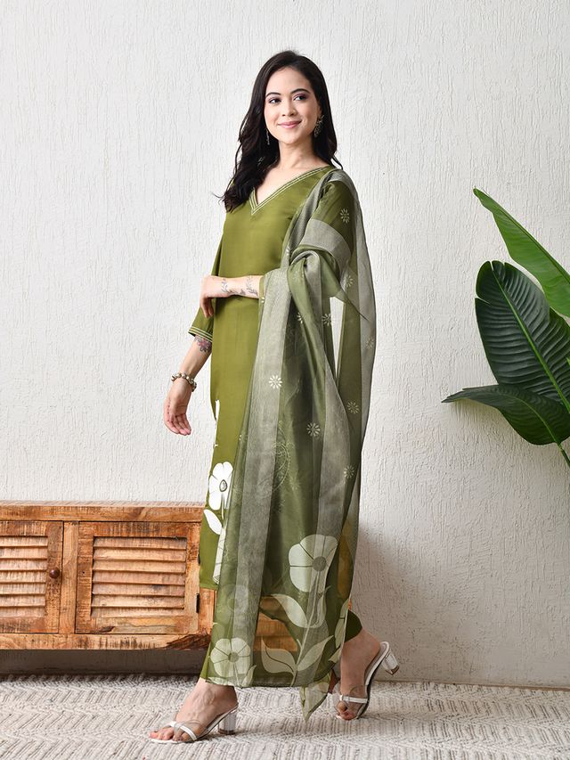 Mahendi Color Roman Silk Fabric Designer Partywear Readymade Suit