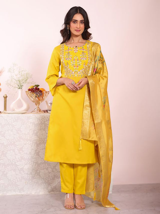 Yellow Color Poly Silk Fabric Smart Ethnic Partywear Kurta Set