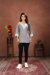 Grey Color Rinkal Cotton Fabric Formal Looking Casual Short Kurta