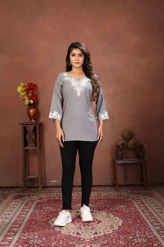 Grey Color Rinkal Cotton Fabric Formal Looking Casual Short Kurta