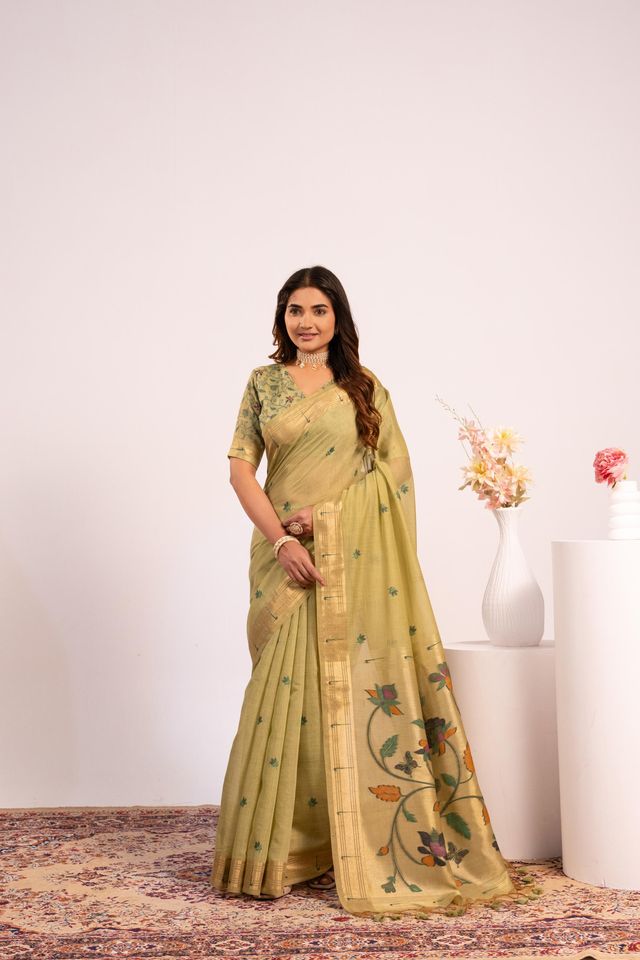 Pista Color Muga Cotton Fabric Paithani Weaving Designer Partywear Saree