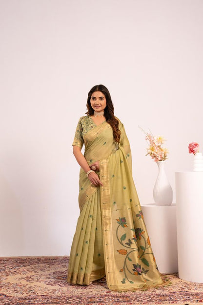 Pista Color Muga Cotton Fabric Paithani Weaving Designer Partywear Saree