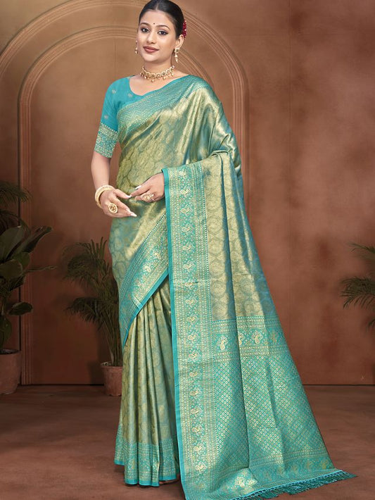 Deep Teal Color Kanjivaram Silk Fabric Woven Designer Graceful Partywear Saree