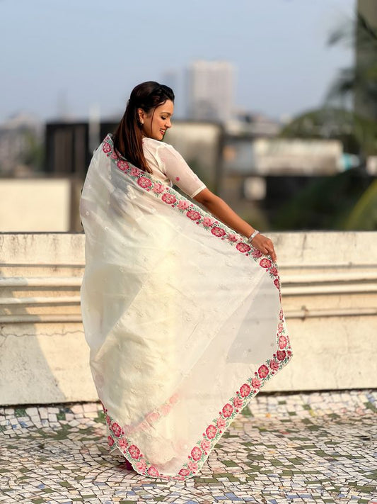White Color Crush Silk Fabric Designer Embroidered Wedding Special Saree
